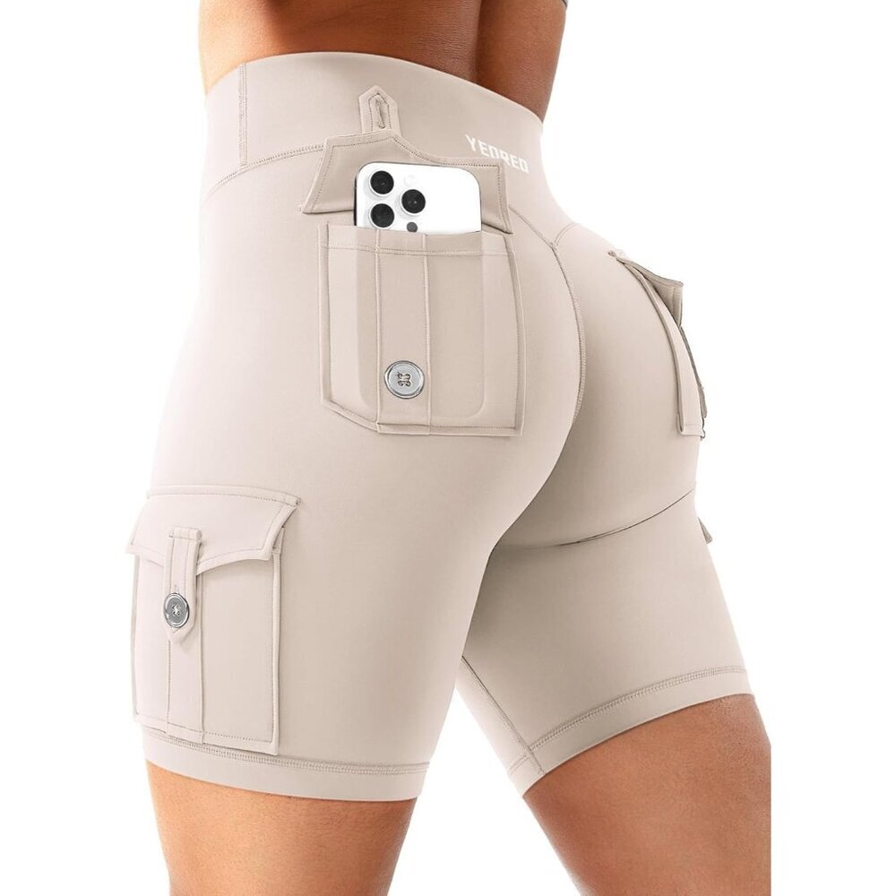 🆕Women Cream Workout Biker Pockets Scrunch High Waisted 8" Inseam Gym Shorts